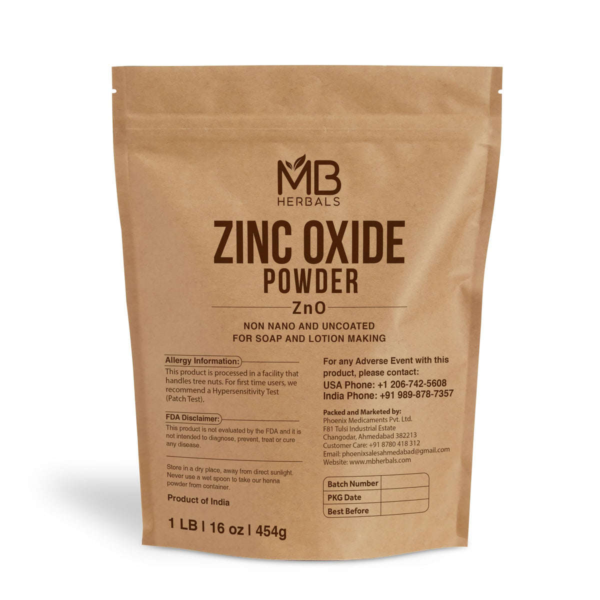 MB Herbals Zinc Oxide Powder 454g pouch, ready for cosmetic formulation tasks.
