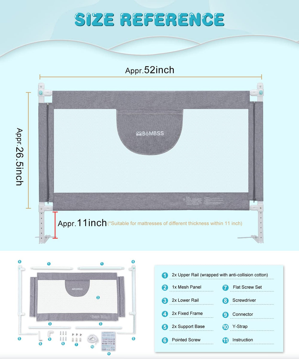 MBQMBSS adjustable-height bracket shows 1–11 inch range for various mattresses