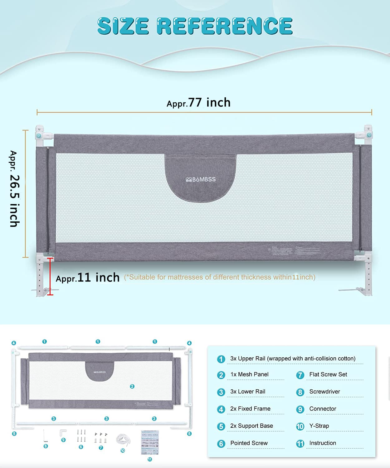 MBQMBSS bed rail lock close-up demonstrates one-handed operation for easy parent access