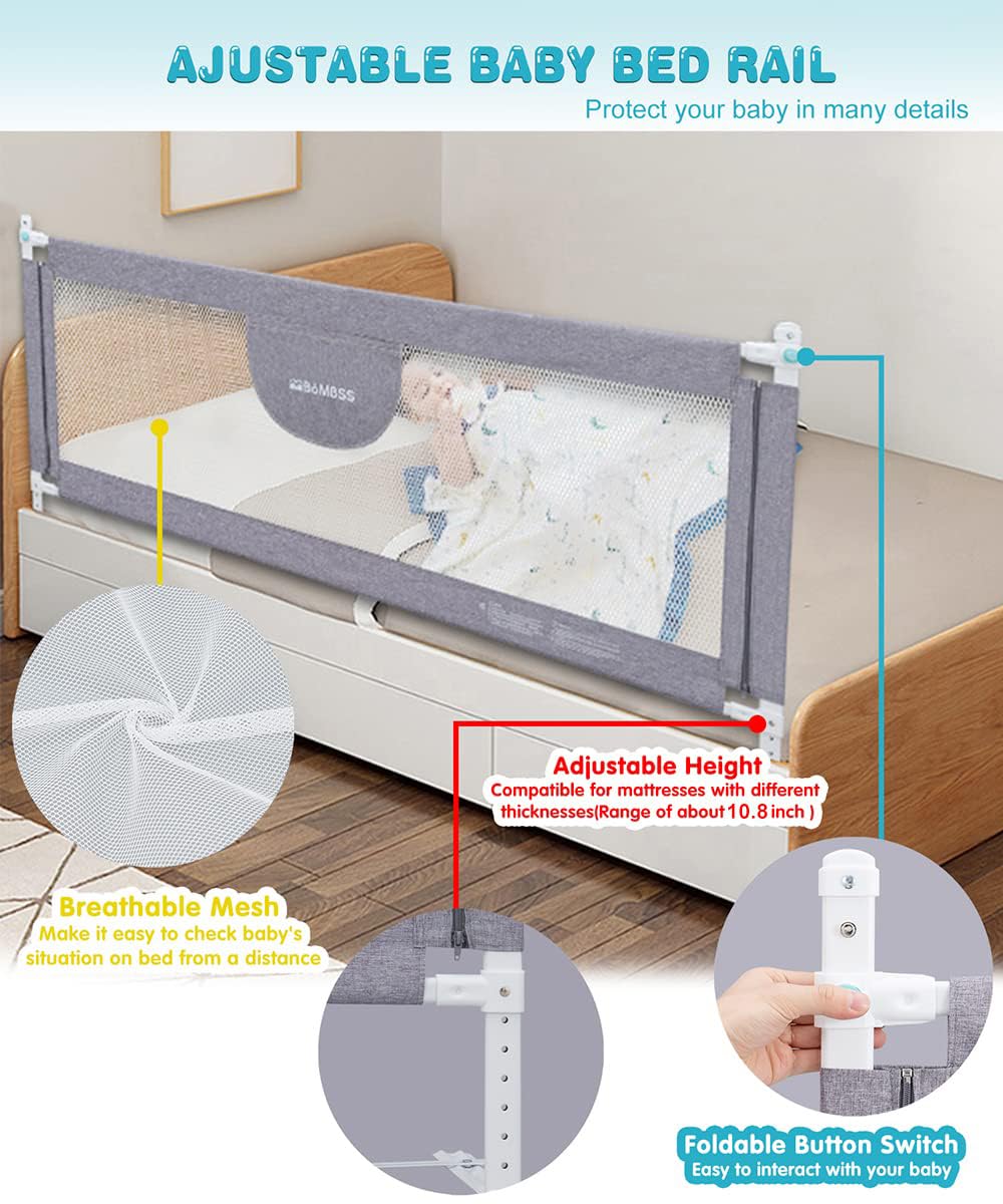 MBQMBSS bed rail side-view shows slim profile compatible with most bed frames.