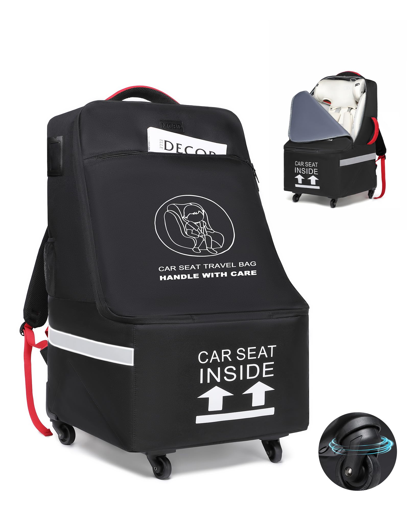 MCBD car seat travel bag with wheels for smooth airport navigation.