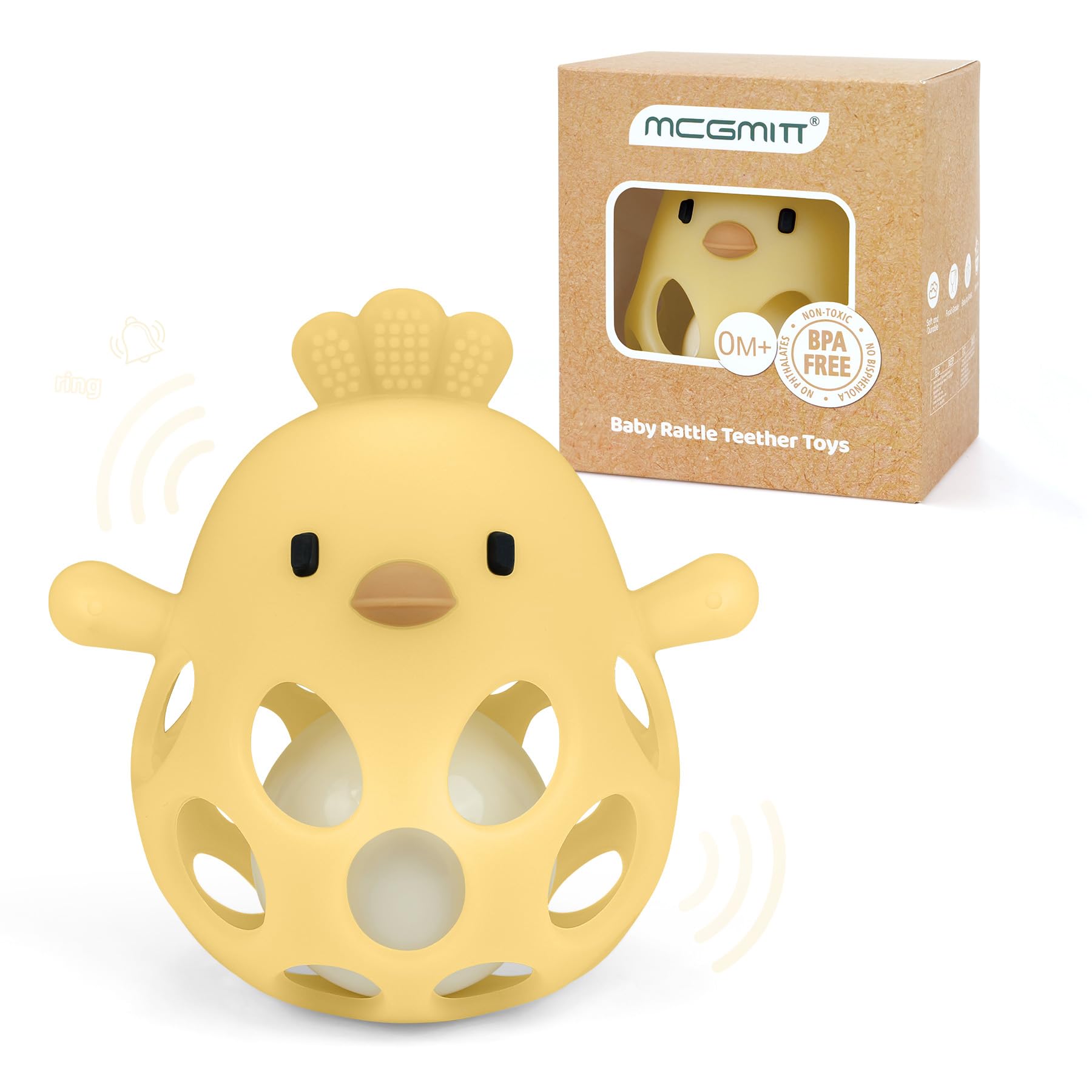 MCGMITT baby teether chick textured surfaces for gum soothing and sensory play.