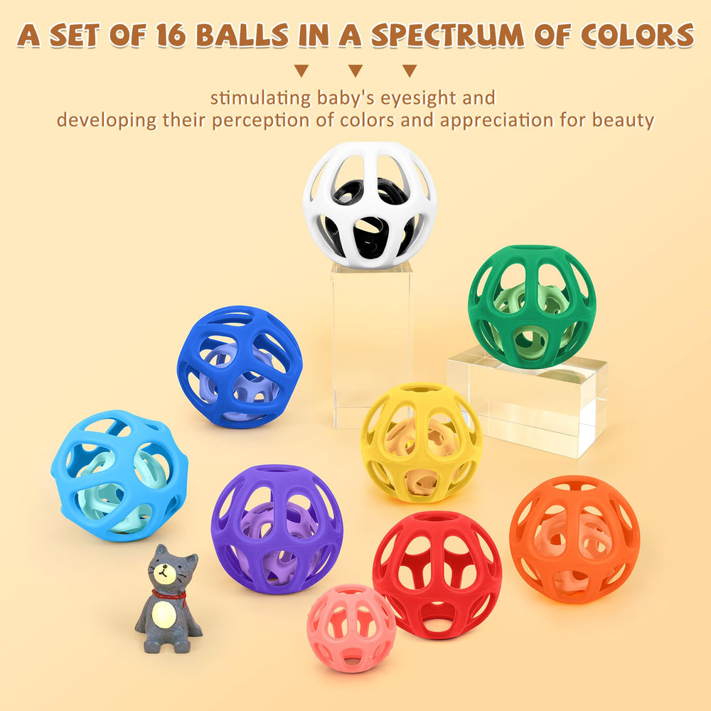 MCGMITT colorful silicone balls aid visual stimulation during playtime.