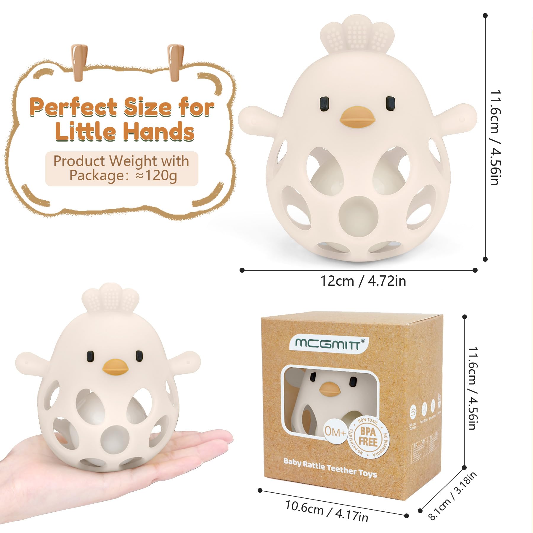 MCGMITT easy-to-grab baby toy demonstrates palm-friendly size for grasping.