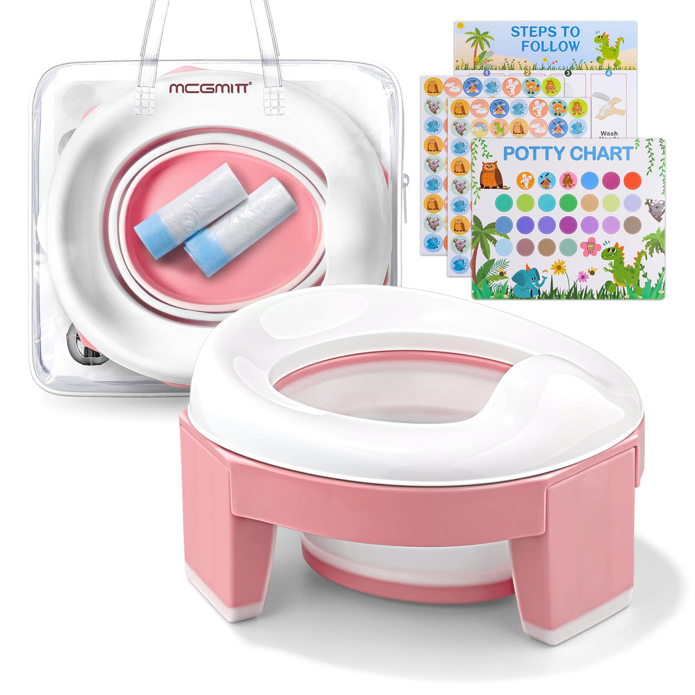 MCGMITT portable potty seat folded pink for compact travel storage and quick setup.