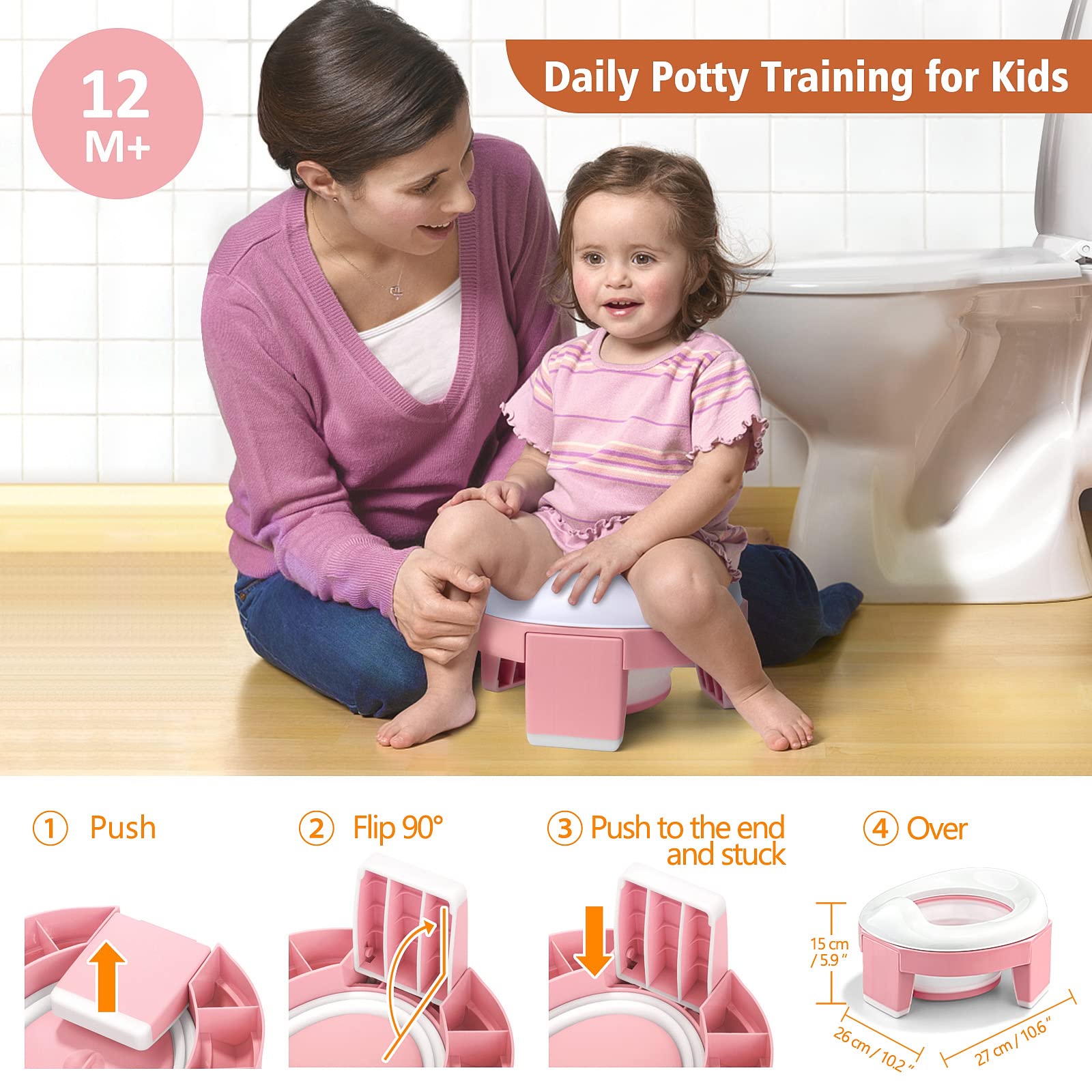 MCGMITT portable potty seat opened pink shown for indoor or outdoor use.
