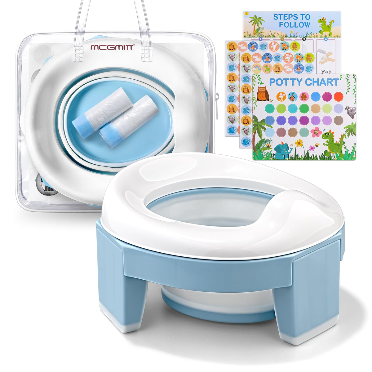 MCGMITT potty seat folded for travel in a compact bag with mess-free portability.