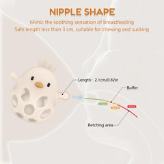 MCGMITT teether chick grasp demonstrates easy-hold design for tiny hands.