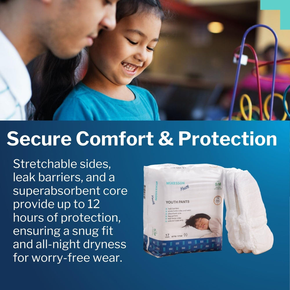 McKesson Youth Training Pants cloth-like topsheet gentle on skin.