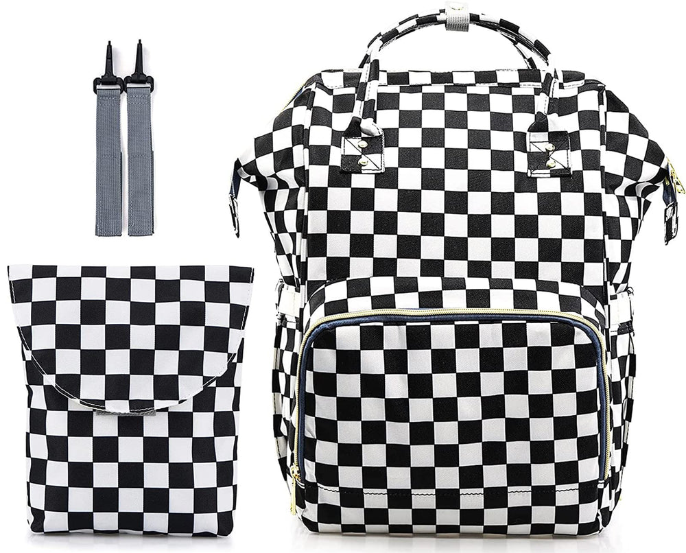 MCWTH Checkered Diaper Bag Backpack Set ready for travel with hands-free versatility.