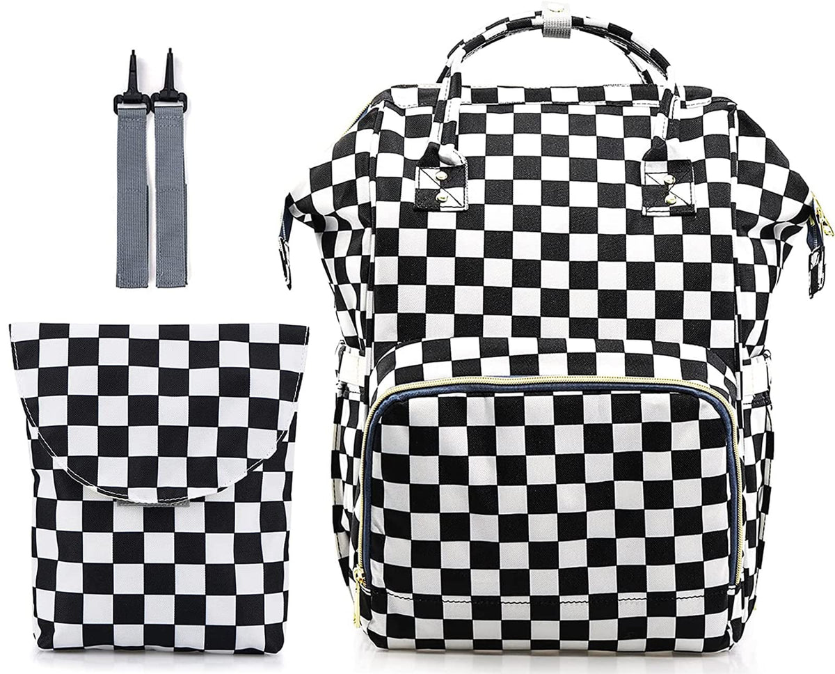 MCWTH Checkered Diaper Bag Backpack Set ready for travel with hands-free versatility.