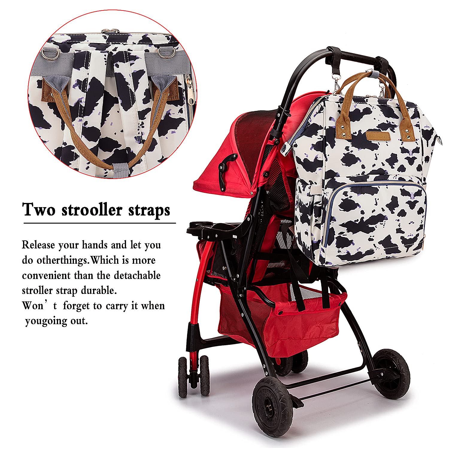 MCWTH cow-print diaper bag backpack ergonomic breathable shoulder straps for comfortable carrying.