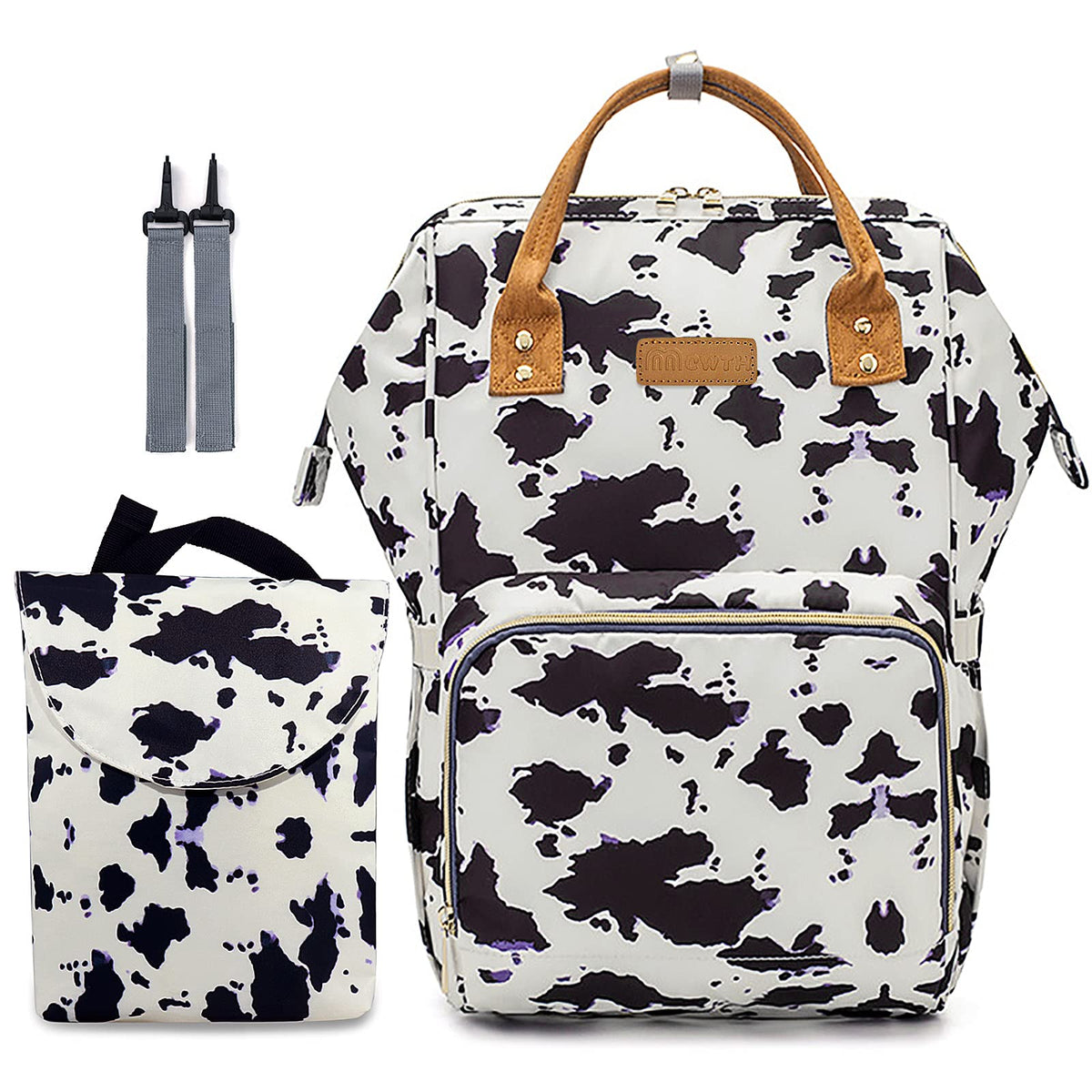 MCWTH cow-print diaper bag backpack front view with roomy pockets for baby essentials.