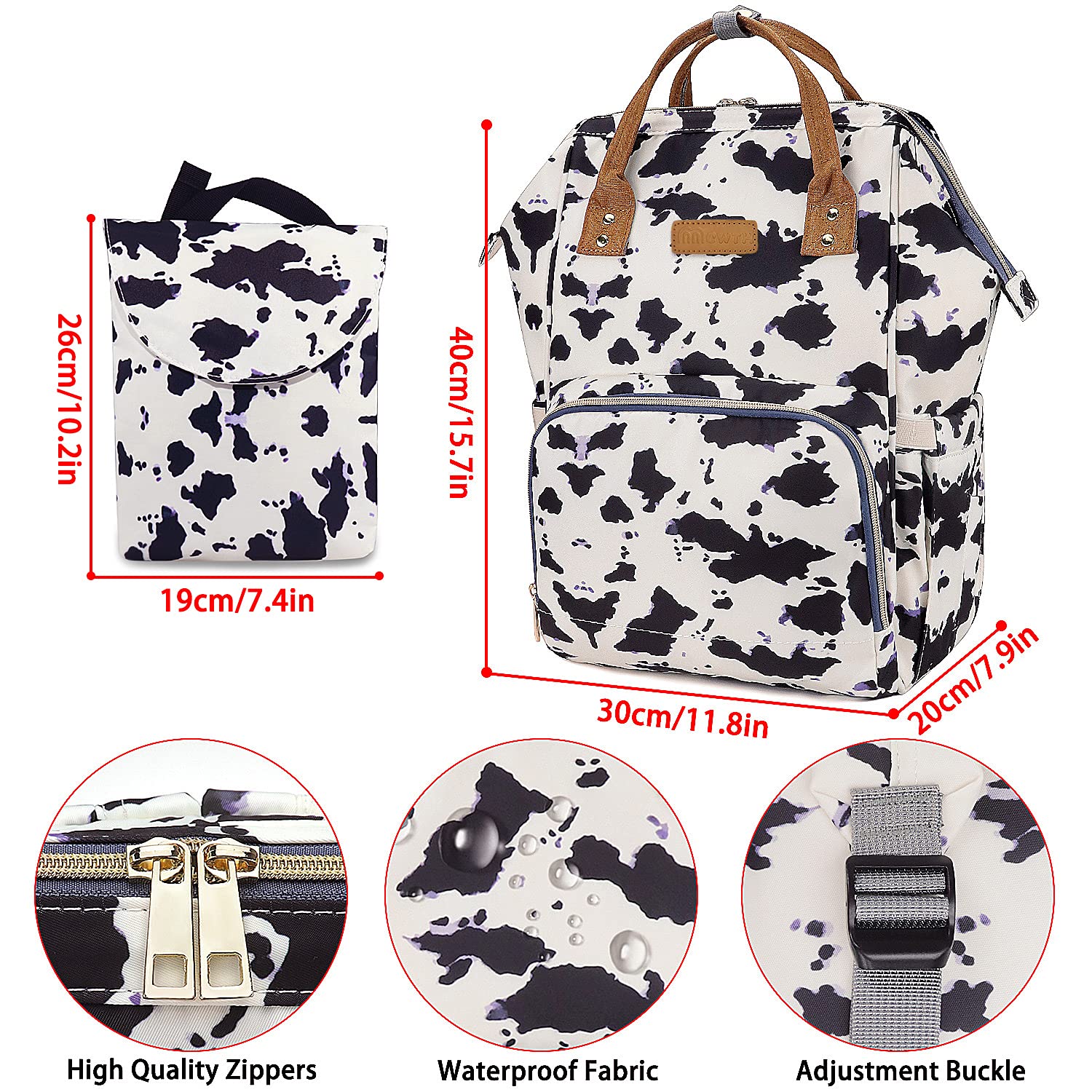 MCWTH cow-print diaper bag backpack side pocket insulated bottle area for temp-controlled feeds.