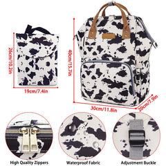 MCWTH cow-print diaper bag backpack side pocket insulated bottle area for temp-controlled feeds.