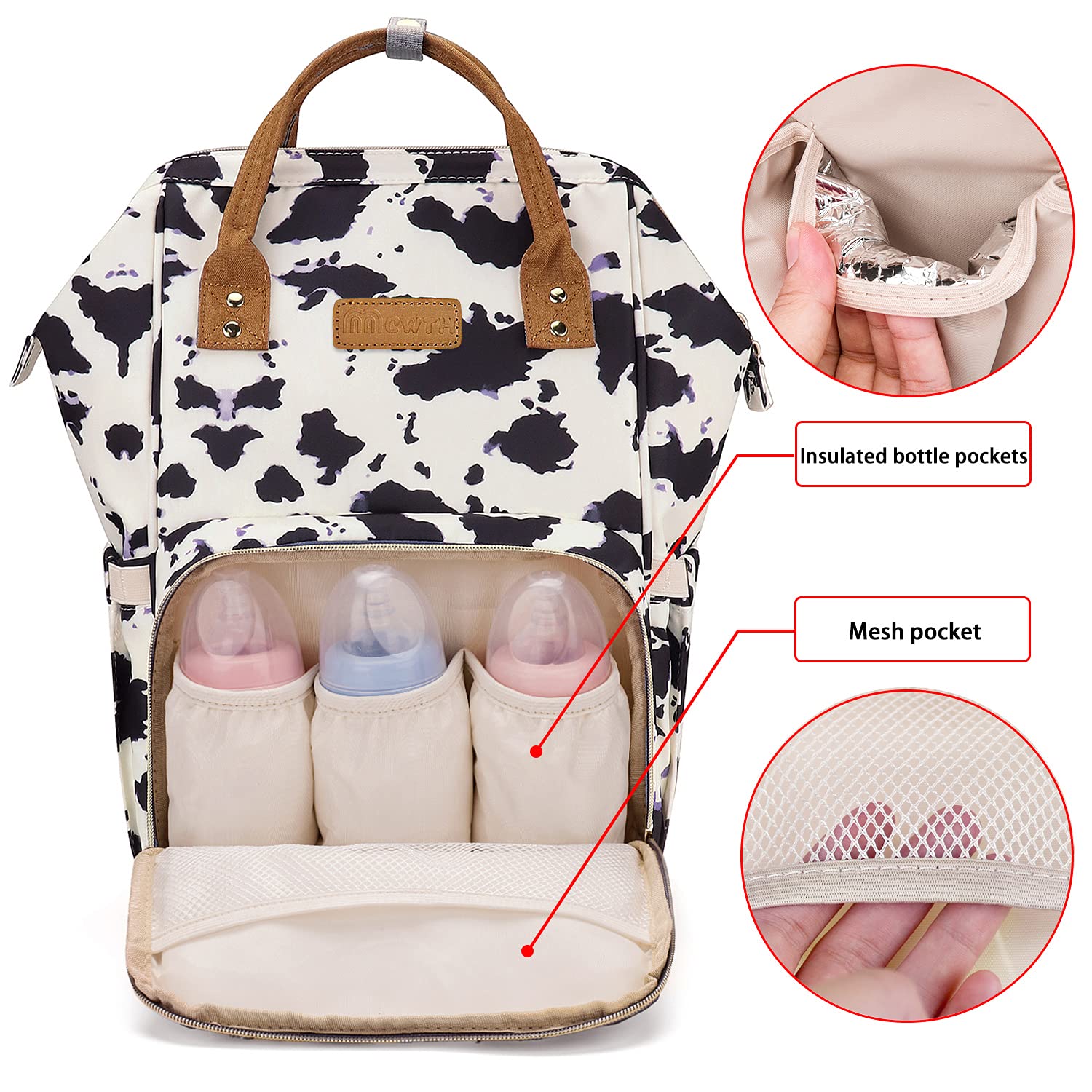 MCWTH cow-print diaper bag backpack wide opening design for quick item access.