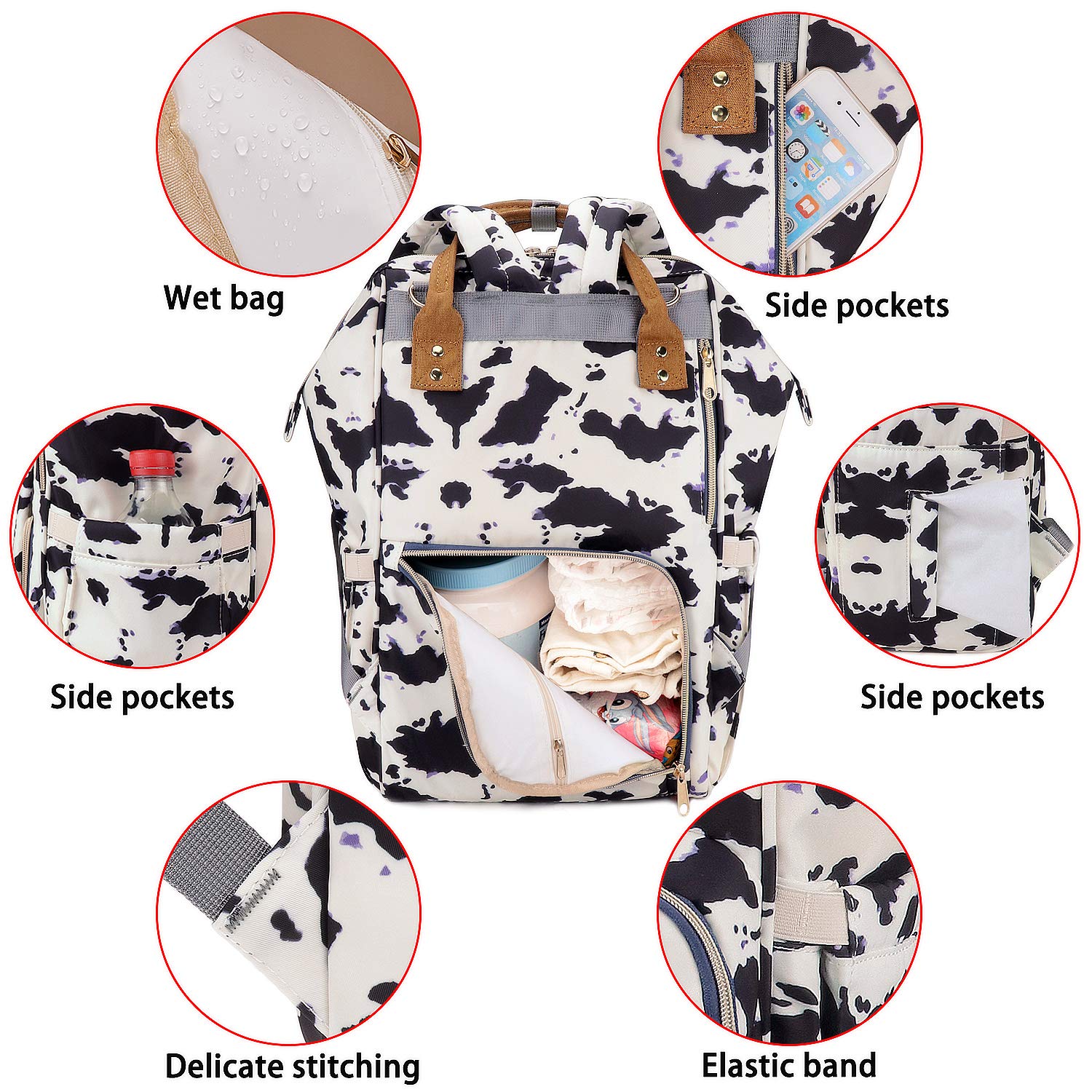 MCWTH cow-print diaper bag backpack USB port for convenient phone charging on the go.