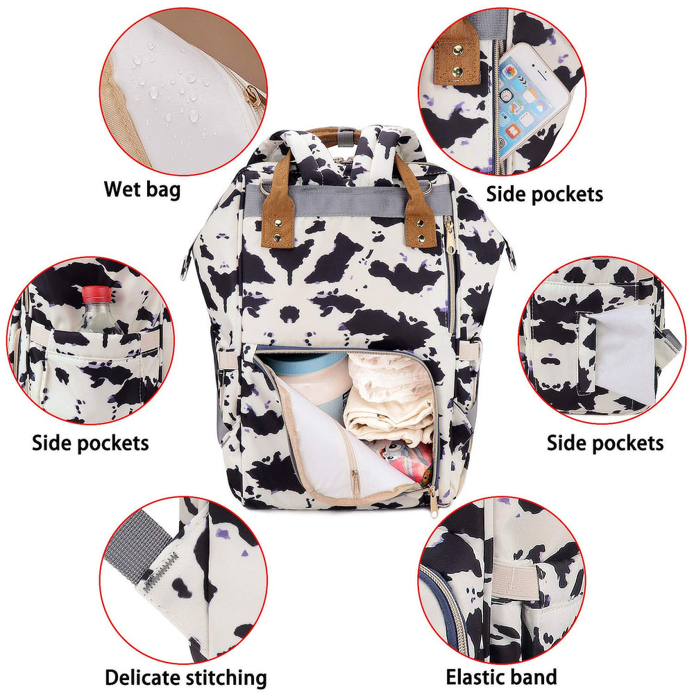 MCWTH cow-print diaper bag backpack USB port for convenient phone charging on the go.