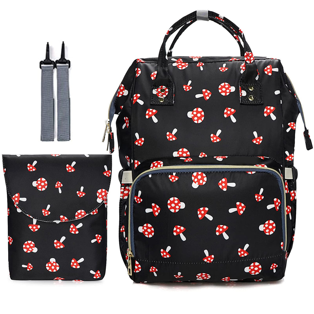 MCWTH Mushroom Diaper Bag Backpack front view highlighting spacious main compartment for baby essentials.