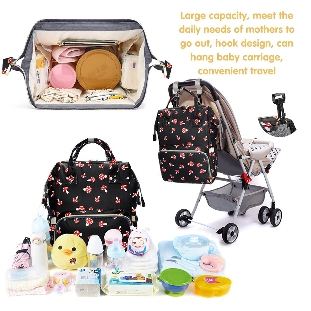 MCWTH Mushroom Diaper Bag Backpack changing-pad features easy diaper changes on trips.