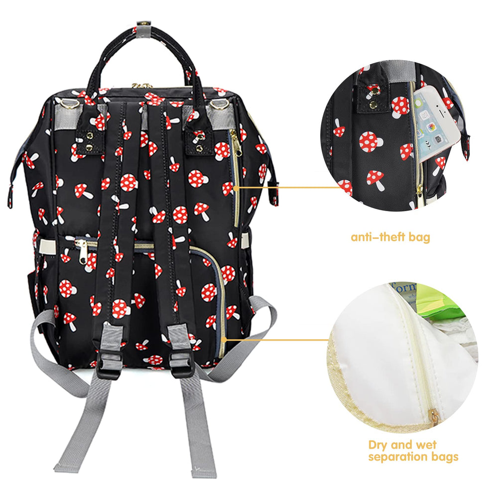 MCWTH Mushroom Diaper Bag Backpack ergonomic-shoulder-straps reduce fatigue for long days.