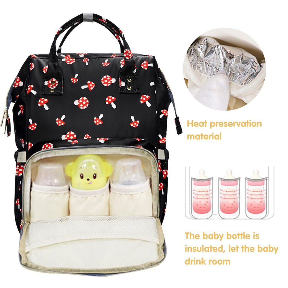 MCWTH Mushroom Diaper Bag Backpack insulated-bottle-holders keep feeds warm or cool.
