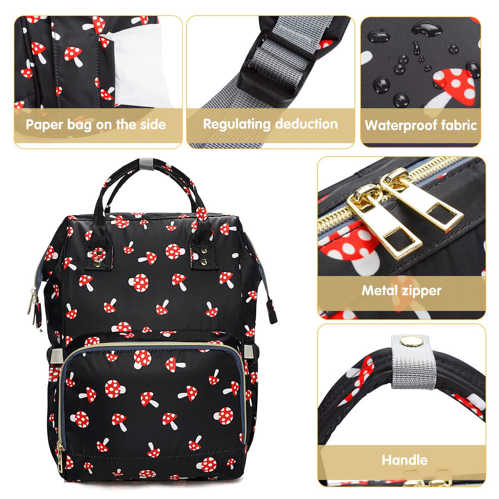 MCWTH Mushroom Diaper Bag Backpack Waterproof-pocket stores wet garments discreetly during outings.