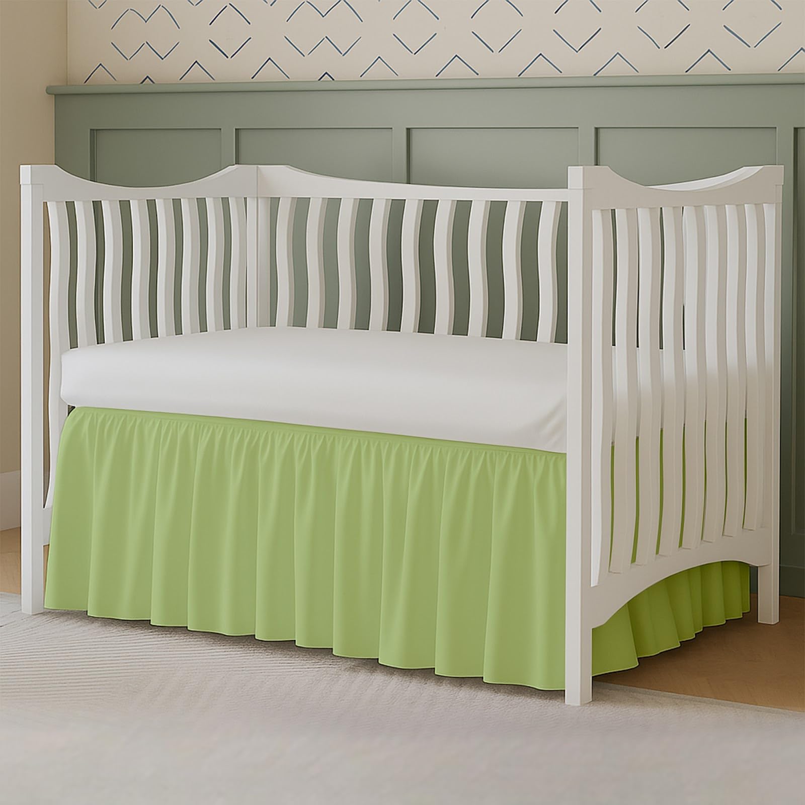 MD Home Decore crib skirt sage color enhances nursery aesthetics.