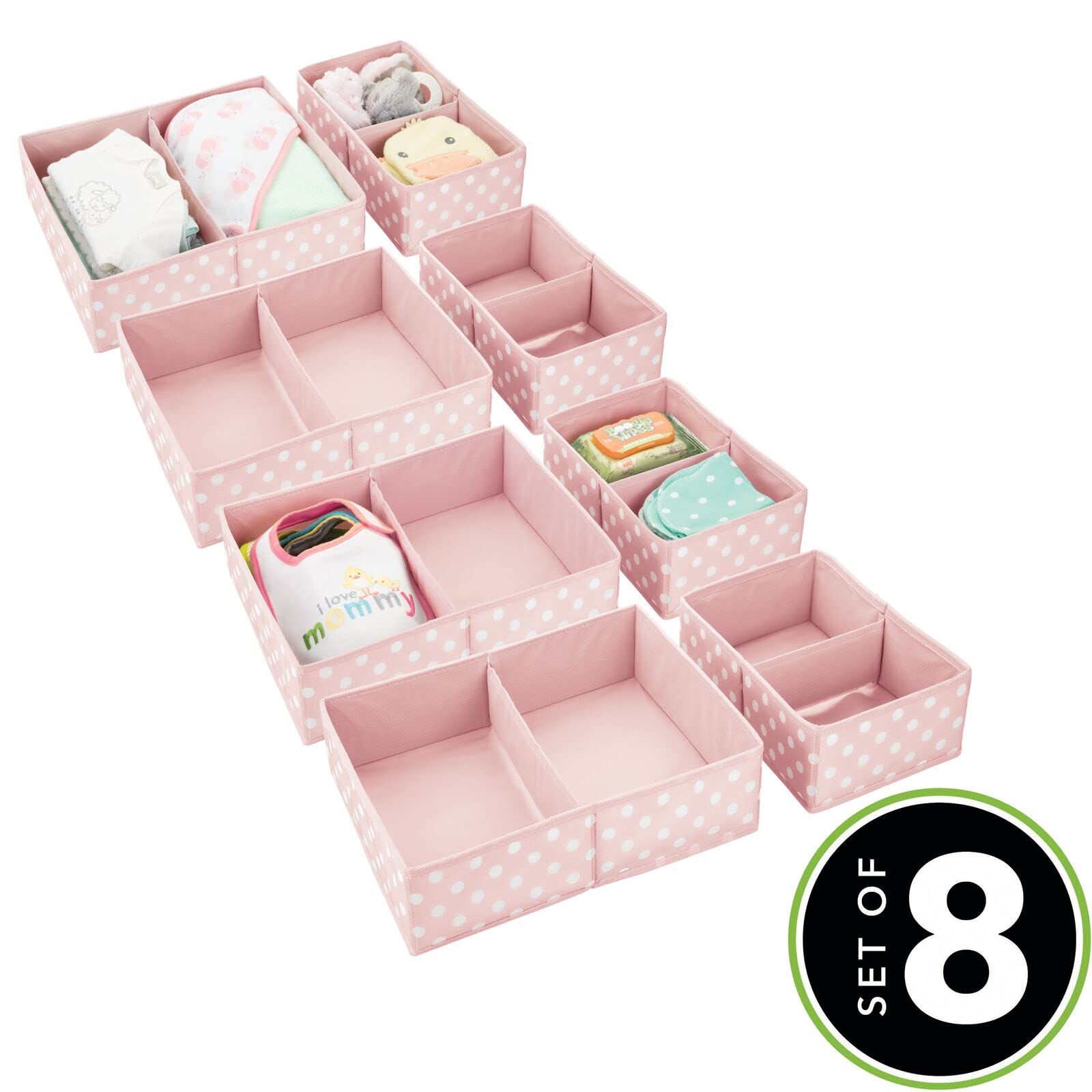 mDesign fabric drawer bin pink polka dot side view ideal for shelves or drawers.