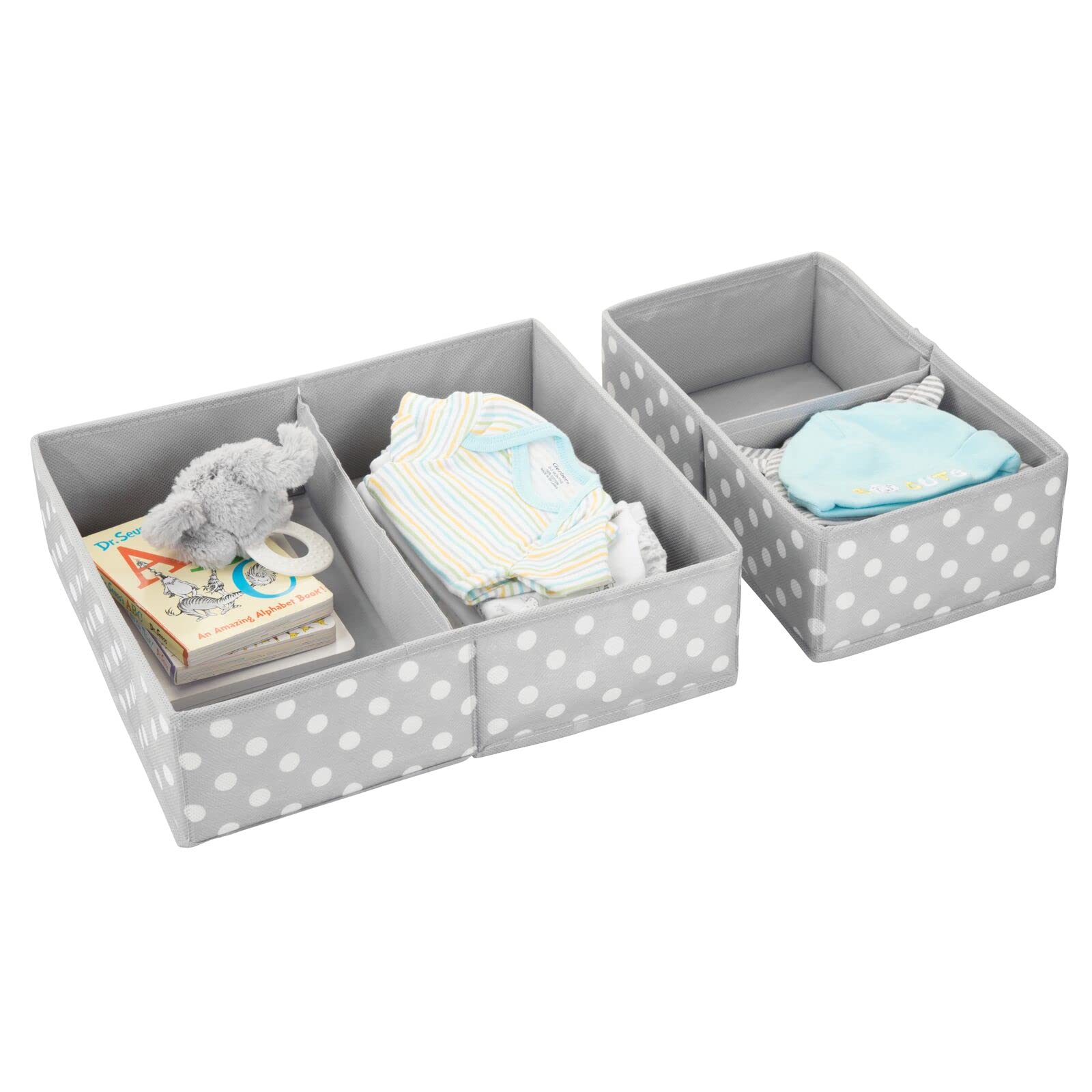 Gray and white polka dot pattern complements modern nurseries for mDesign storage.