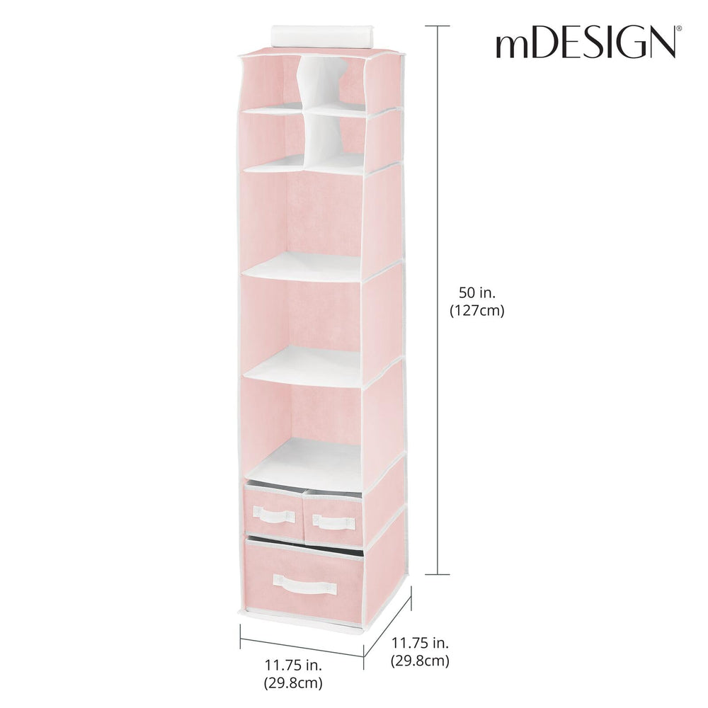 mDesign Fabric Hanging Organizer with seven shelves and three drawers, open view for easy sorting.