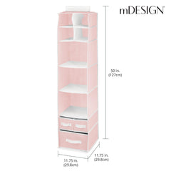 mDesign Fabric Hanging Organizer with seven shelves and three drawers, open view for easy sorting.