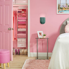 mDesign Fabric Hanging Organizer over-rod side view shows versatile closet storage in pink-white.