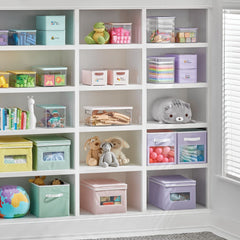 mdesign fabric bin collapsible design saves closet space when not in use.
