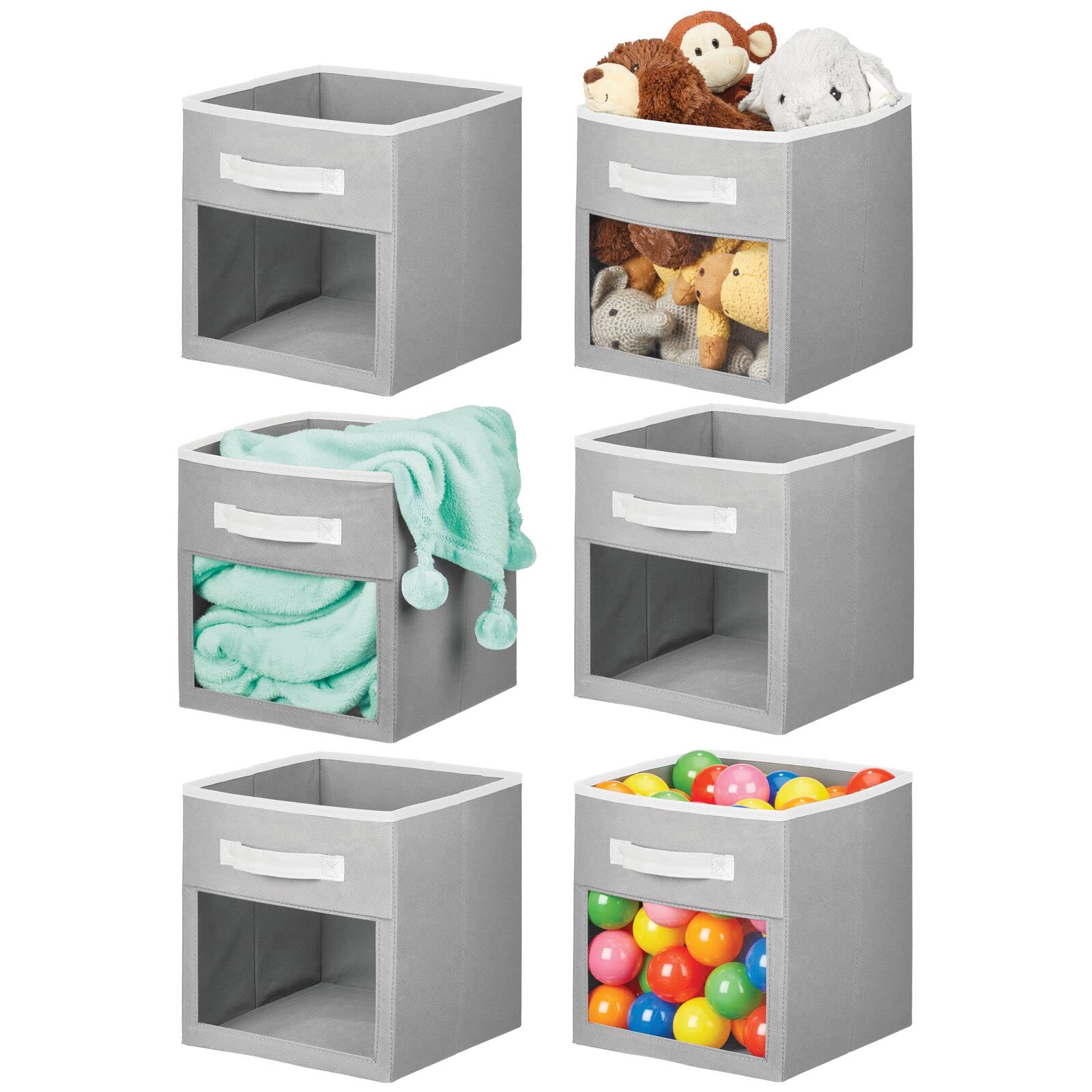 mdesign fabric nursery bin front-handle-window for quick access and overview.