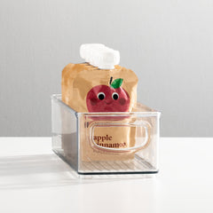 mDesign Ligne clear bin demonstrates stackable design for compact fridge or cabinet organization.