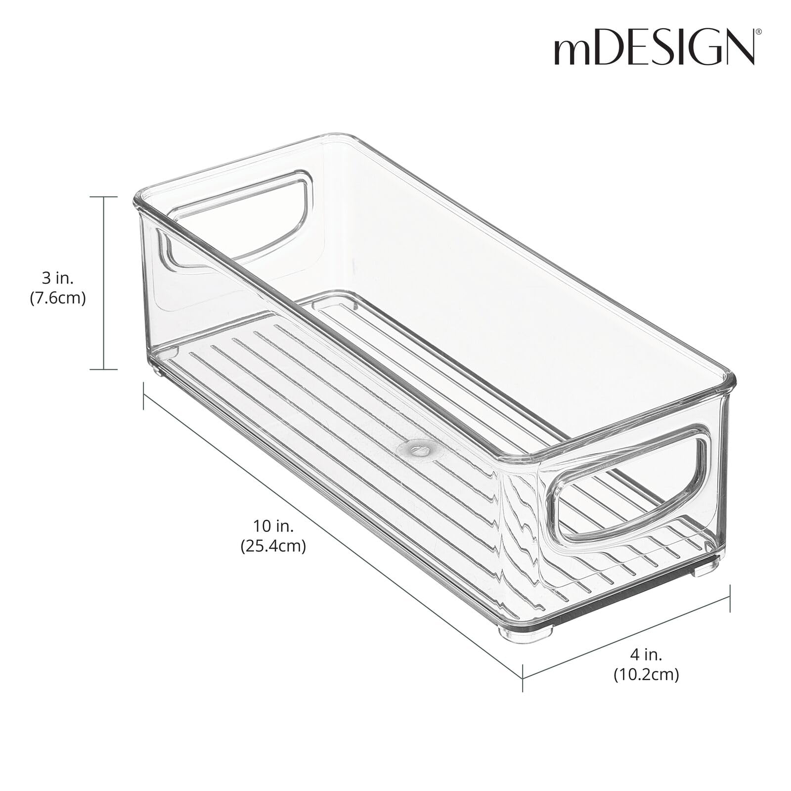 mDesign Ligne clear storage bin shown in fridge or pantry for easy access.