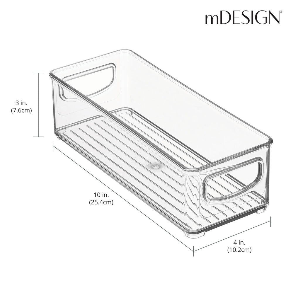 mDesign Ligne clear storage bin shown in fridge or pantry for easy access.