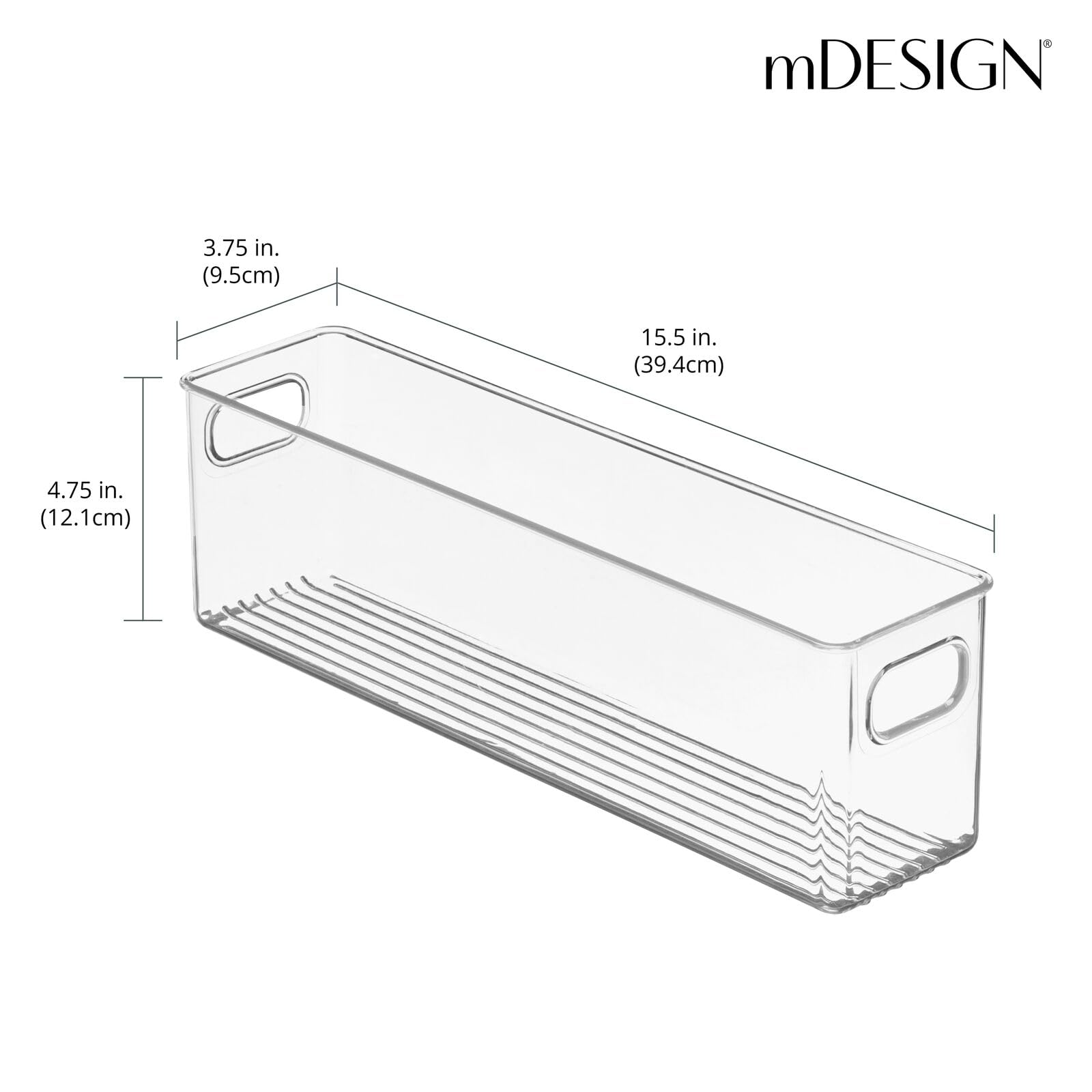 mDesign raised-foot stackable bin showing compact, space-saving vertical storage.