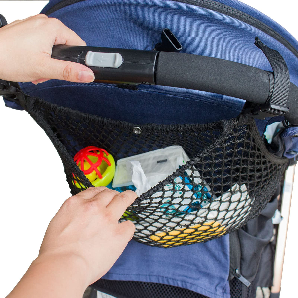 Mdgbgm Stroller Organizer on side straps demonstrates secure, hands-free storage during walks.