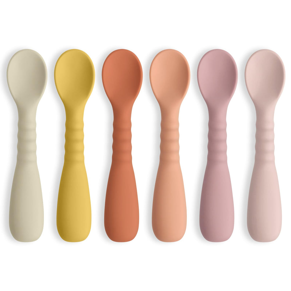ME.FAN silicone baby spoons six-pack for self-feeding practice and mess reduction.