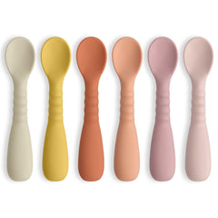 ME.FAN silicone baby spoons six-pack for self-feeding practice and mess reduction.