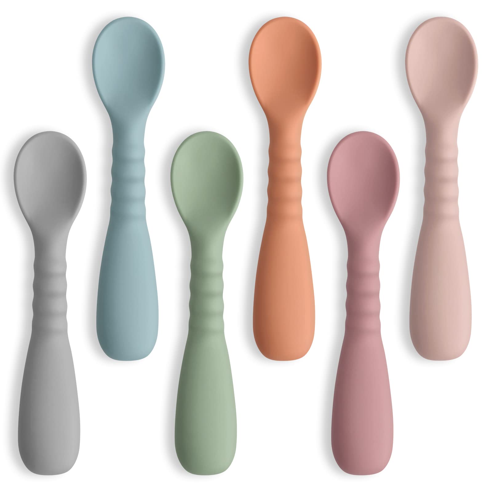ME.FAN silicone baby spoons pack six for self-feeding and spill reduction.