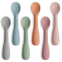ME.FAN silicone baby spoons pack six for self-feeding and spill reduction.