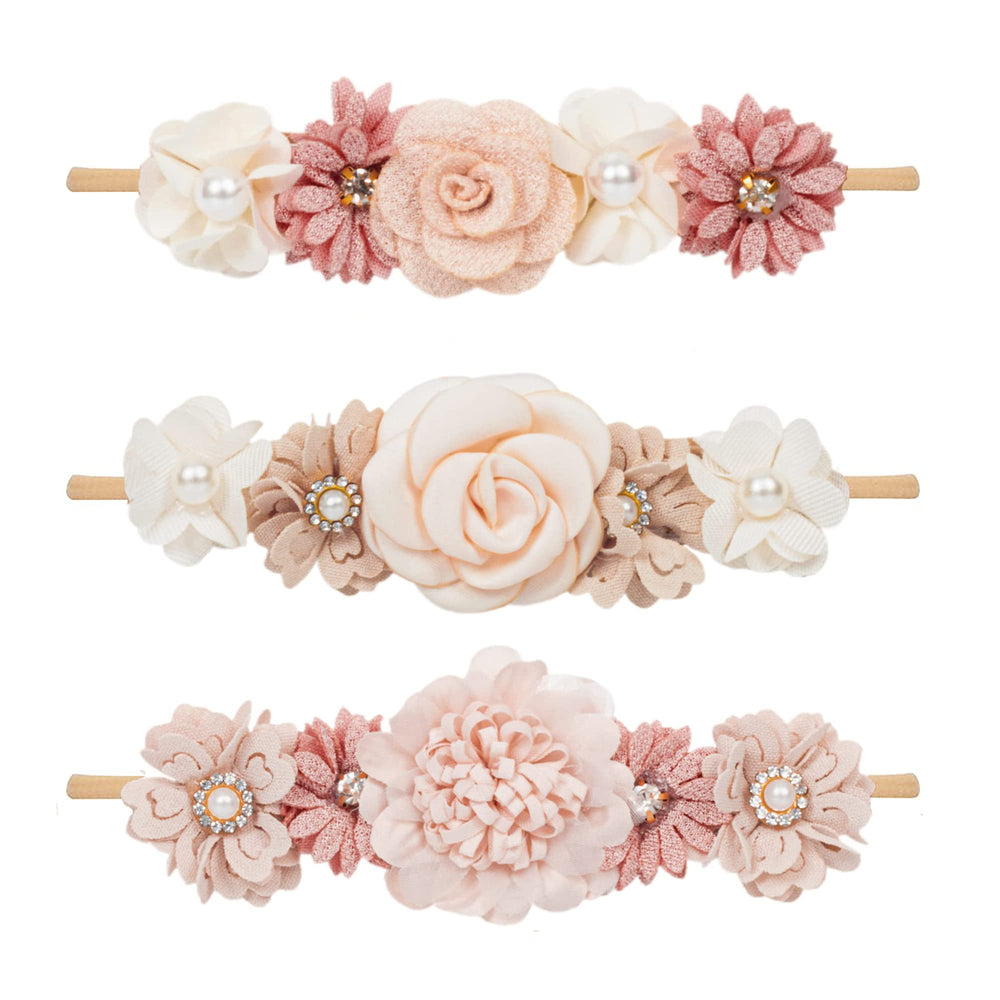 Mealah baby headband with soft nylon flowers rose closeup for newborn photography.