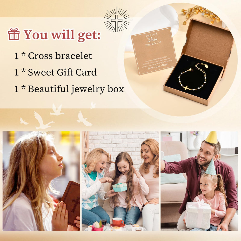 Mealguet 18k gold-plated cross with pearls on bracelet; elegant gift