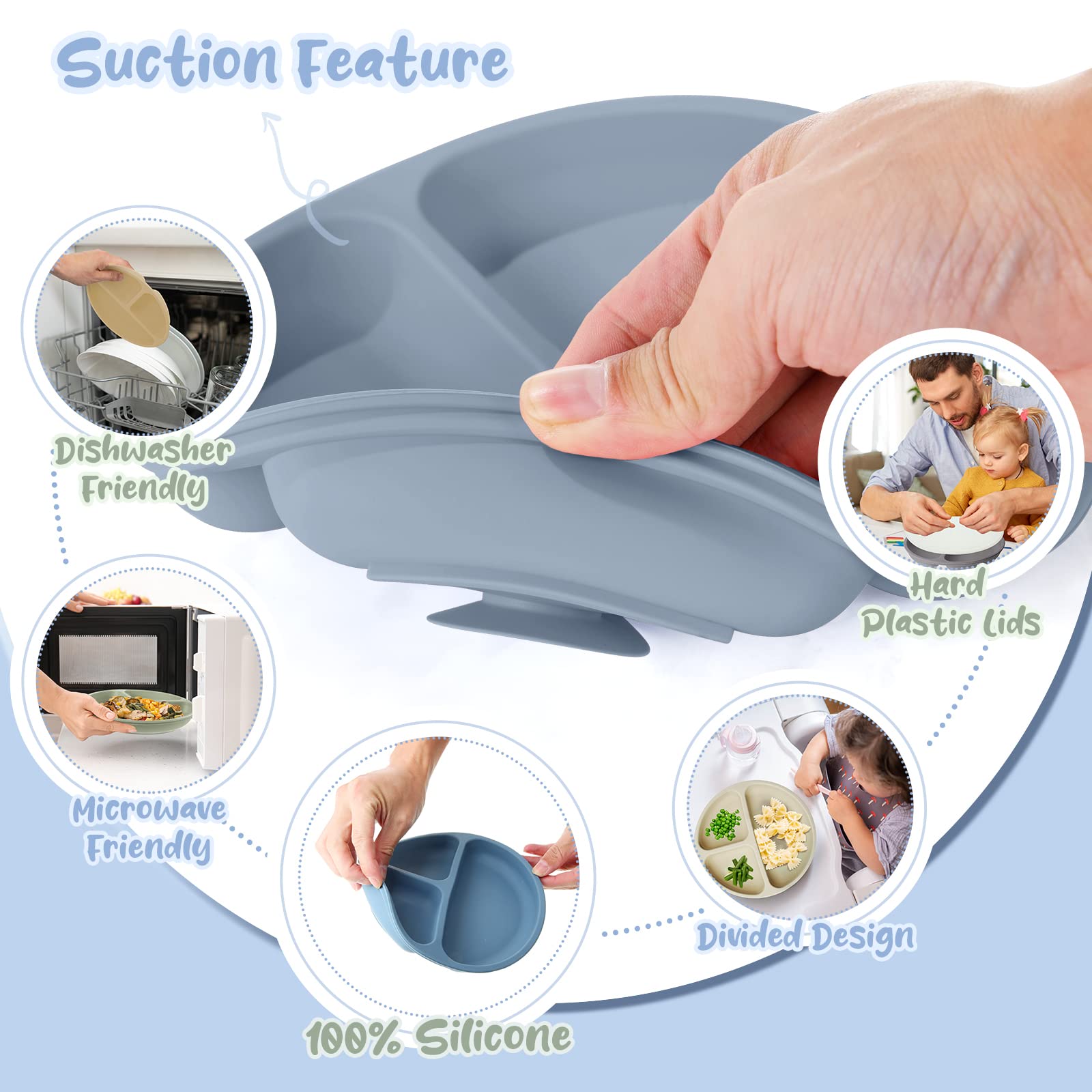 Meanplan plate with suction cups bottom keeps meals in place on any surface.