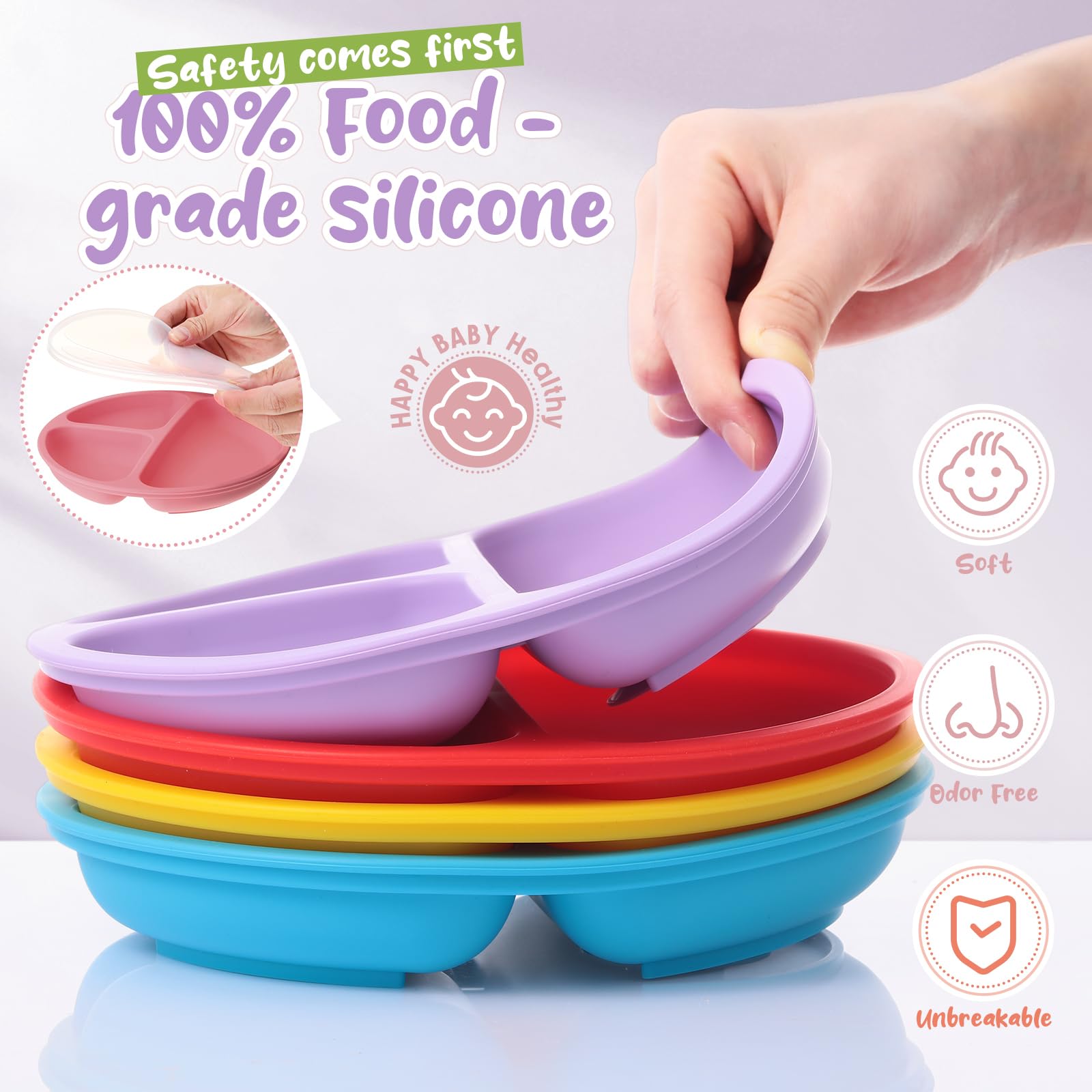 Meanplan silicone baby plates in multiple colors, durable and easy to clean