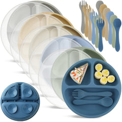 Meanplan suction plates 6-pack on table show divided sections for balanced toddler meals.