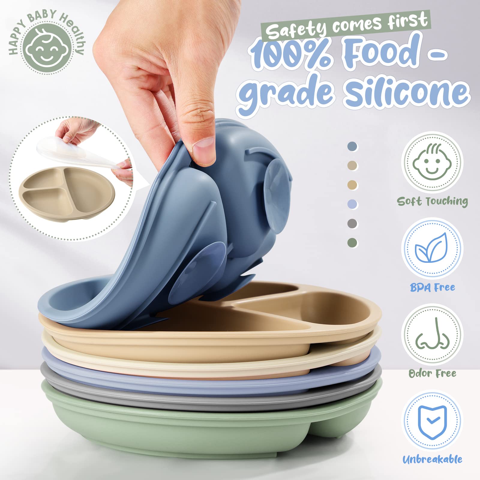 Meanplan toddler plate divided-tray highlights sturdy silicone surface for mess-free meals.